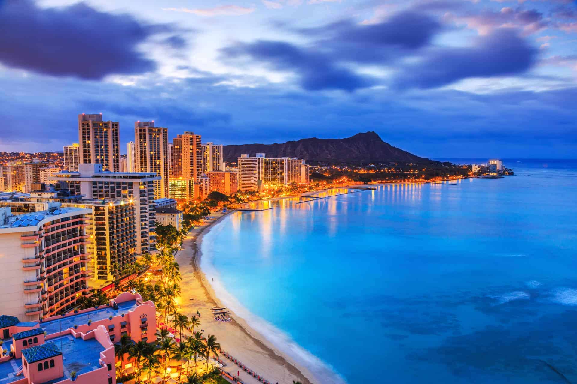 Oahu - Overview of Lit Buildings, Mountain and Sea